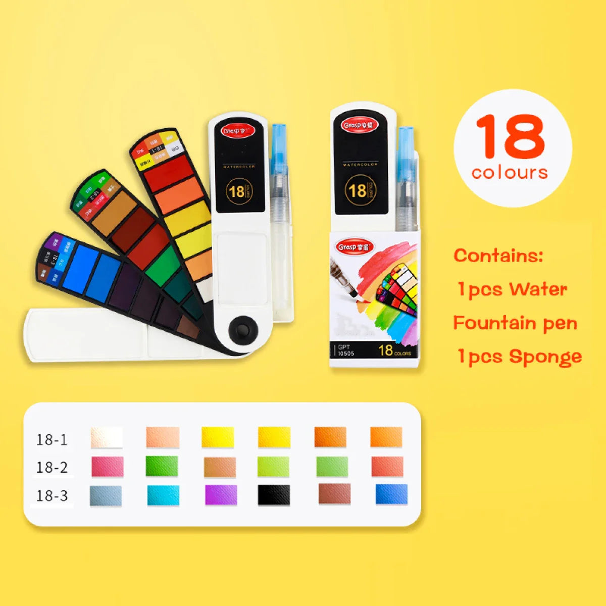 18–42 Color Solid Watercolor Set – Foldable Travel Paint Kit with Water Brush Pen & Fan-Shaped Art Painting Tools