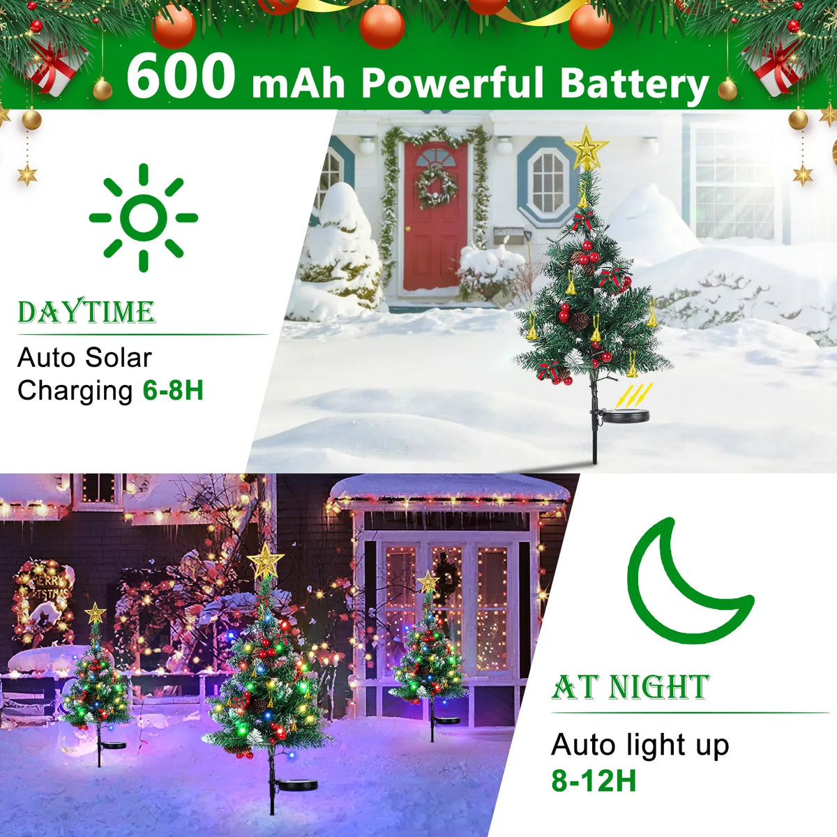 OurWarm Solar Christmas Tree Lights - 2PCS Waterproof 20-LED Outdoor Decor for Patio & Lawn