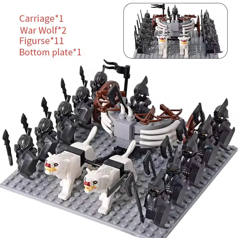 MOC Medieval LOTR Figures — Black Wolves & Mounted Chariots Action Dolls, Assembled Brick Building Blocks Toy