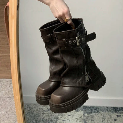 Women’s Winter Biker Boots – Fashion Belt Buckle Platform Short Booties, Casual Knight-Style Flats