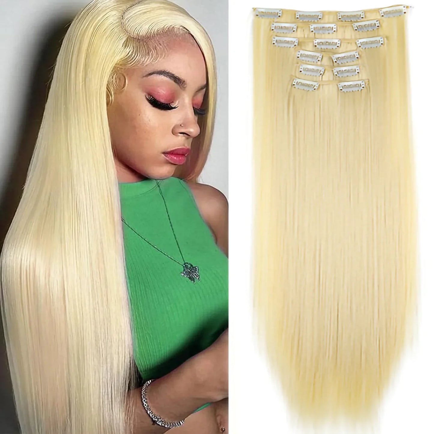24-Inch 16 Clips-in Hair Extensions – Long Straight Synthetic Blonde & Black Hairpieces, Heat Resistant for Daily Use