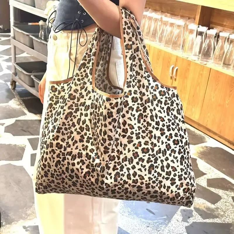 Large Capacity Leopard Print Handbag – Women’s Daily Folding Shopping Tote