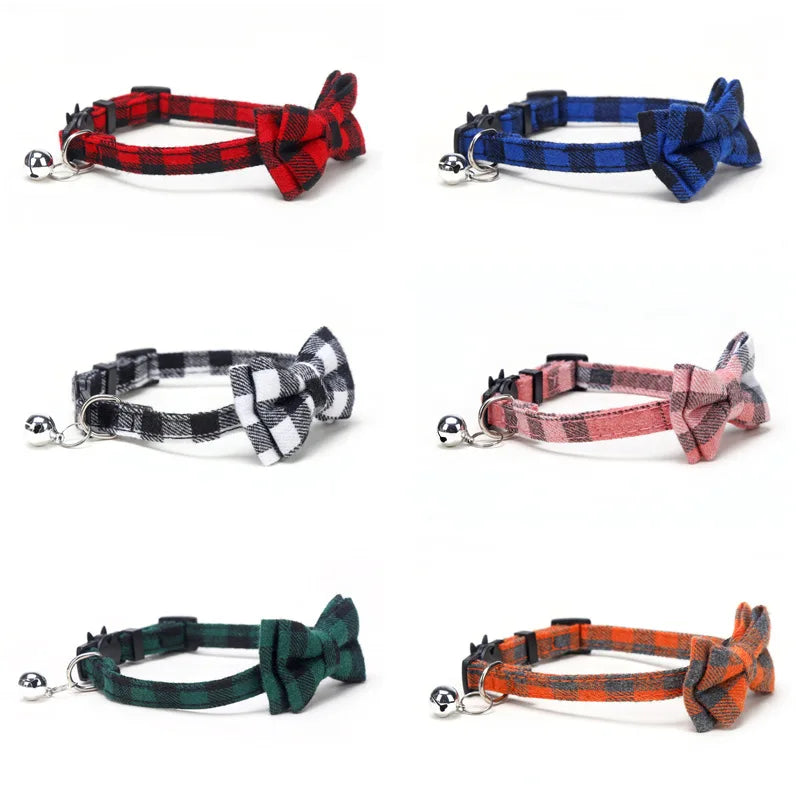 Pet Breakaway Cat Collar with Bow Tie & Bell – Cute Plaid Christmas Red Adjustable Collar for Cats