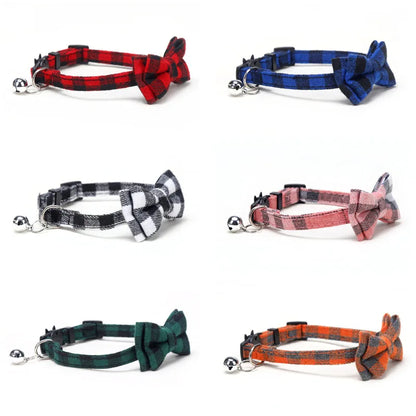 Pet Breakaway Cat Collar with Bow Tie & Bell – Cute Plaid Christmas Red Adjustable Collar for Cats