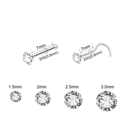 5PCS Stainless Steel Nose Ring Studs — Crystal Nostril Piercing Jewelry for Women & Girls, 1.5/2.0/2.5/3.0mm, 20G