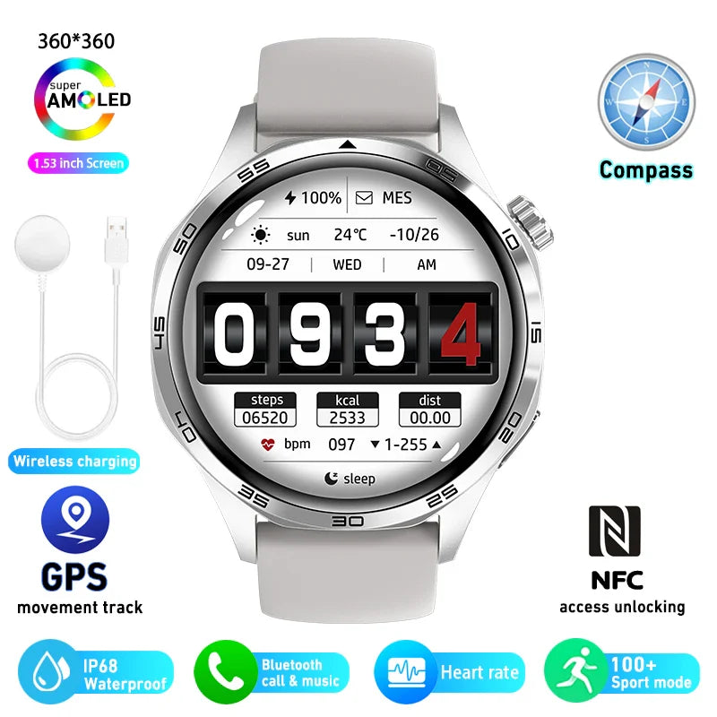 2025 GPS NFC Smartwatch for Men – 360x360 AMOLED HD Screen, Bluetooth Call, Waterproof, Compatible with Huawei Watch 5 Pro