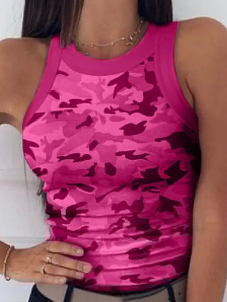 Women’s Summer Elastic Racerback Tank Top – O-Neck Stripe Print Sleeveless Basic Digital Print Sexy Casual T-Shirt