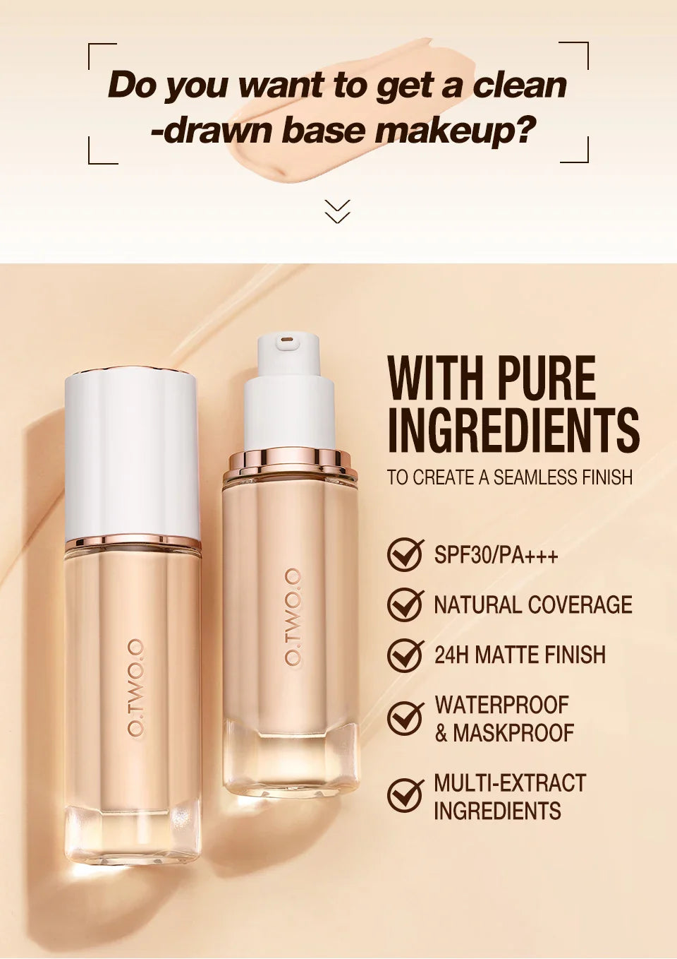 O.TWO.O Liquid Foundation Cream – 30ml High Coverage Makeup Base, SPF30 Waterproof Concealer Foundation for Face