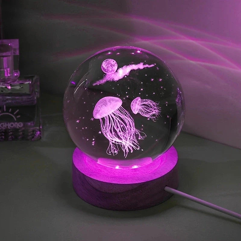 3D Laser Engraved Jellyfish Crystal Ball LED Night Light - Unique Birthday, Christmas & Gift Decor