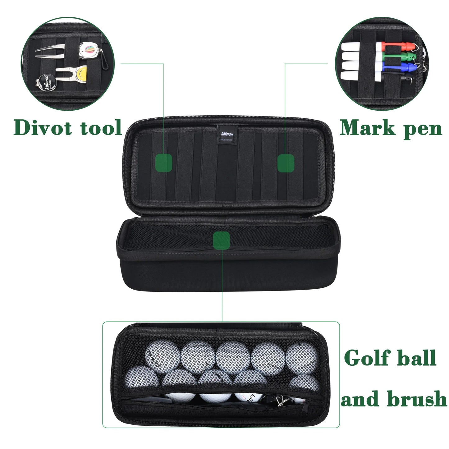 Golf Ball Storage Box & Glove Holder – Accessory Protect Case with Tees, Divot Tool & Valuables Pouch, Includes Hook