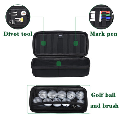 Golf Ball Storage Box & Glove Holder – Accessory Protect Case with Tees, Divot Tool & Valuables Pouch, Includes Hook