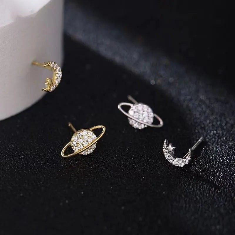 Simple Star Moon Zircon Piercing Stud Earrings - 925 Silver Needles, Tragus Cartilage Asymmetry Pendiente, Fine Women's Jewelry