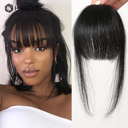 100% Human Hair Clip-In Bangs - Natural Brown Wispy Fringe with Temples, 4.5in Air Bang Hairpiece for Women