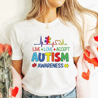 Women’s Live Love Accept Autism Awareness T-Shirt – Graphic Y2K Summer Top for Autism Awareness Month