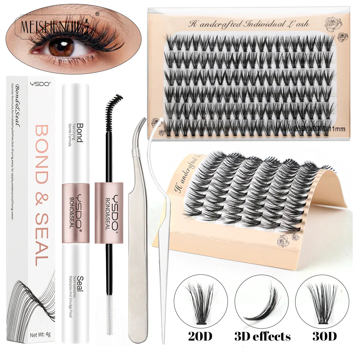 MEISHENJIE DIY Cluster Lash Extension Kit — 120 Bunches Individual Wispy False Eyelashes with Glue & Tweezer