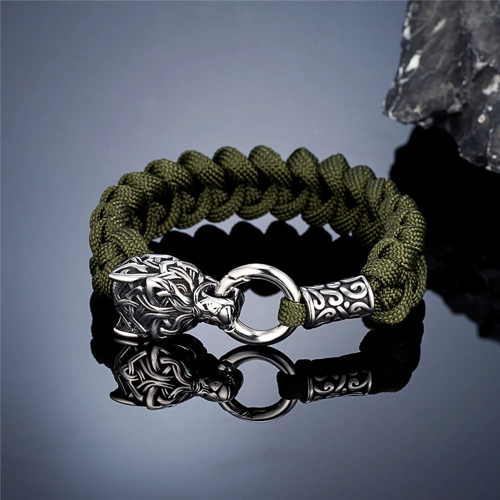 Vintage Norse Runes Celtic Wolf Survival Rope Bracelet - Handmade Stainless Steel Wristband for Men, Vikings Jewelry