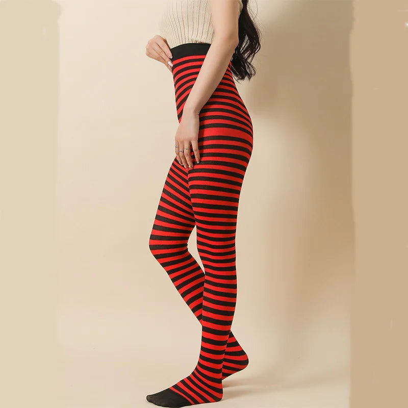 Goth Punk Women’s Rainbow Striped Pantyhose – High Waist Slim Leggings for Halloween Christmas Cosplay