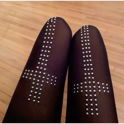 Retro Cross Print Stockings - Y2K Women's Stretch Hip-Hop Streetwear Socks for Casual & Cosplay Looks