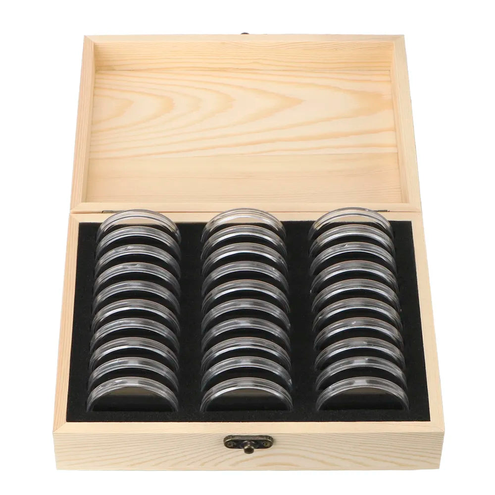 Adjustable Wooden Coin Storage Box with Pads - Commemorative Coin Collection Case for 20/30/50/100 PCS with Holder Capsules