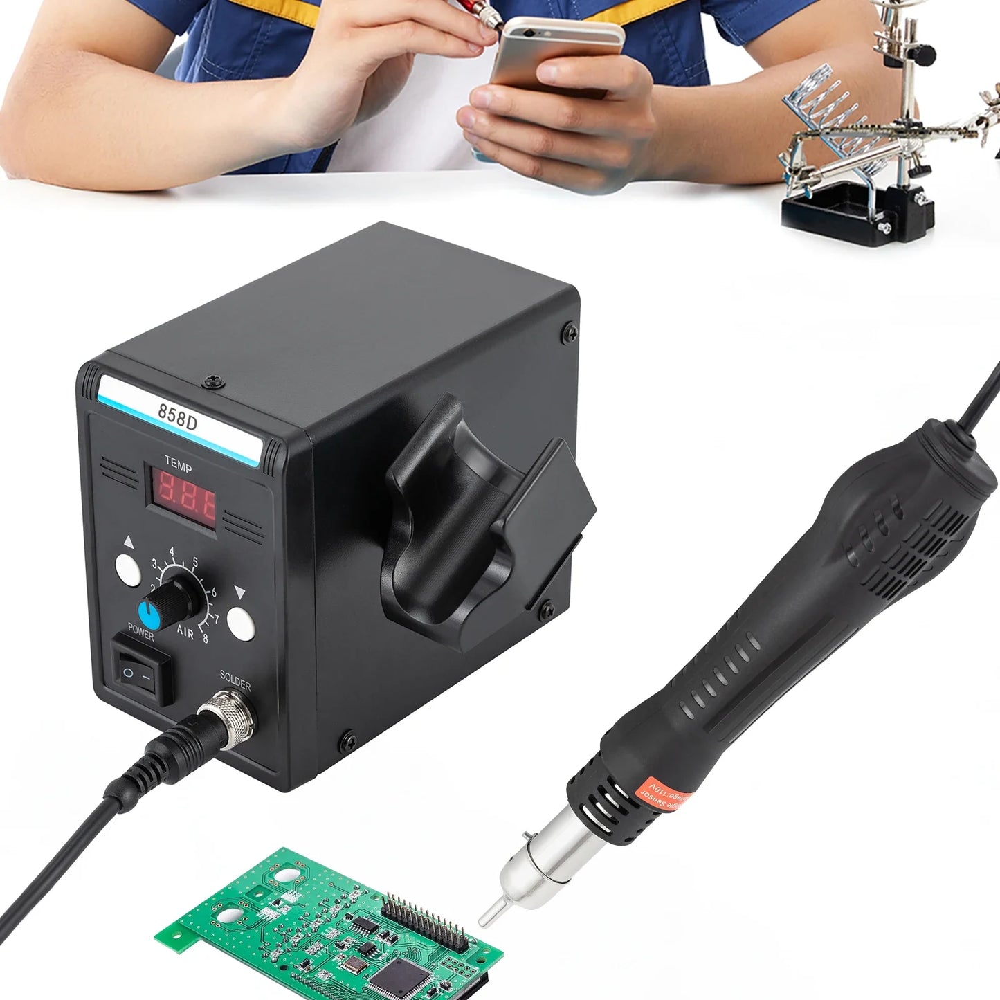 700W Hot Air Rework Station with Heat Gun – SMD Soldering Set, Adjustable Temperature & LED Display for Electronics Repair
