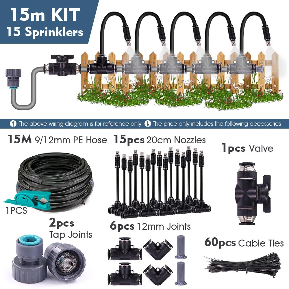 3/8" Misting Cooling System Kit – 360° 0.6mm Nozzle Atomizer with PE Tubing & 80 Mesh Filter for Garden Irrigation Watering