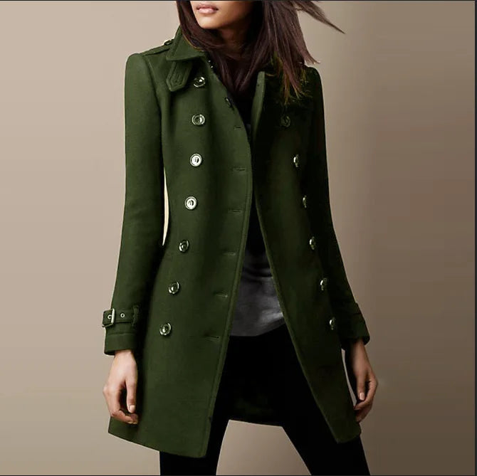 Winter Ladies Woolen Jacket – Double-Breasted Flap Lapel, Slim Fit, Elegant Solid Top Coat, Lined Women’s Outerwear 2024