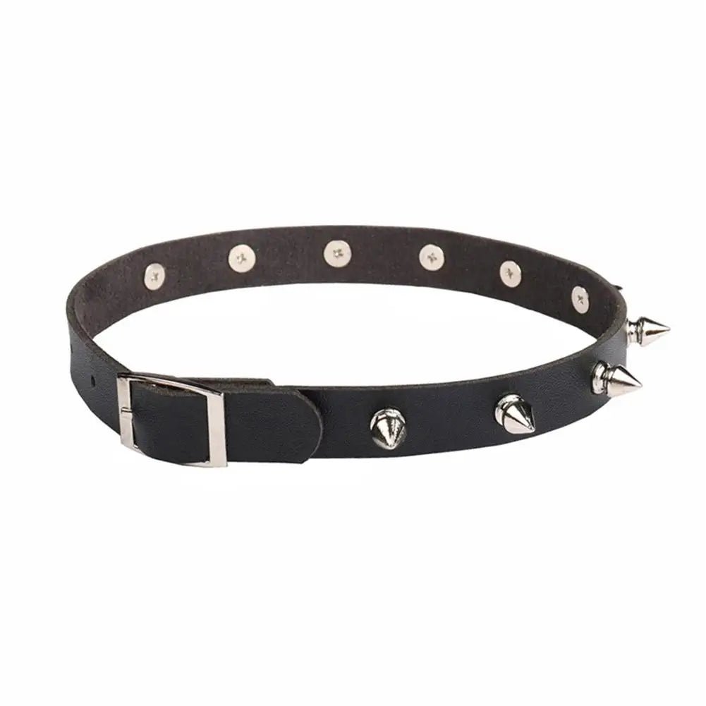 Black PU Leather Spike Choker Necklace – Studded Punk Gothic Biker Collar for Women & Men
