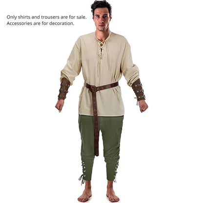 Men's Medieval Knight Costume Set – Renaissance Pirate Shirt & Ankle Pants Halloween Cosplay in Cotton Linen