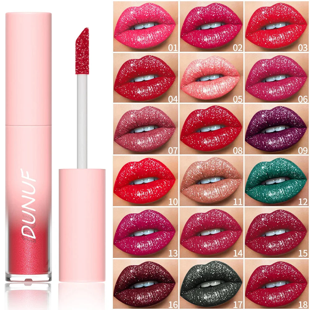 18-Color Sexy Red Diamond Glitter Lip Gloss – Metallic, Waterproof, Long-Lasting Matte Shimmer Liquid Lipstick for Women