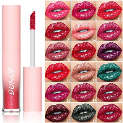 18-Color Sexy Red Diamond Glitter Lip Gloss – Metallic, Waterproof, Long-Lasting Matte Shimmer Liquid Lipstick for Women