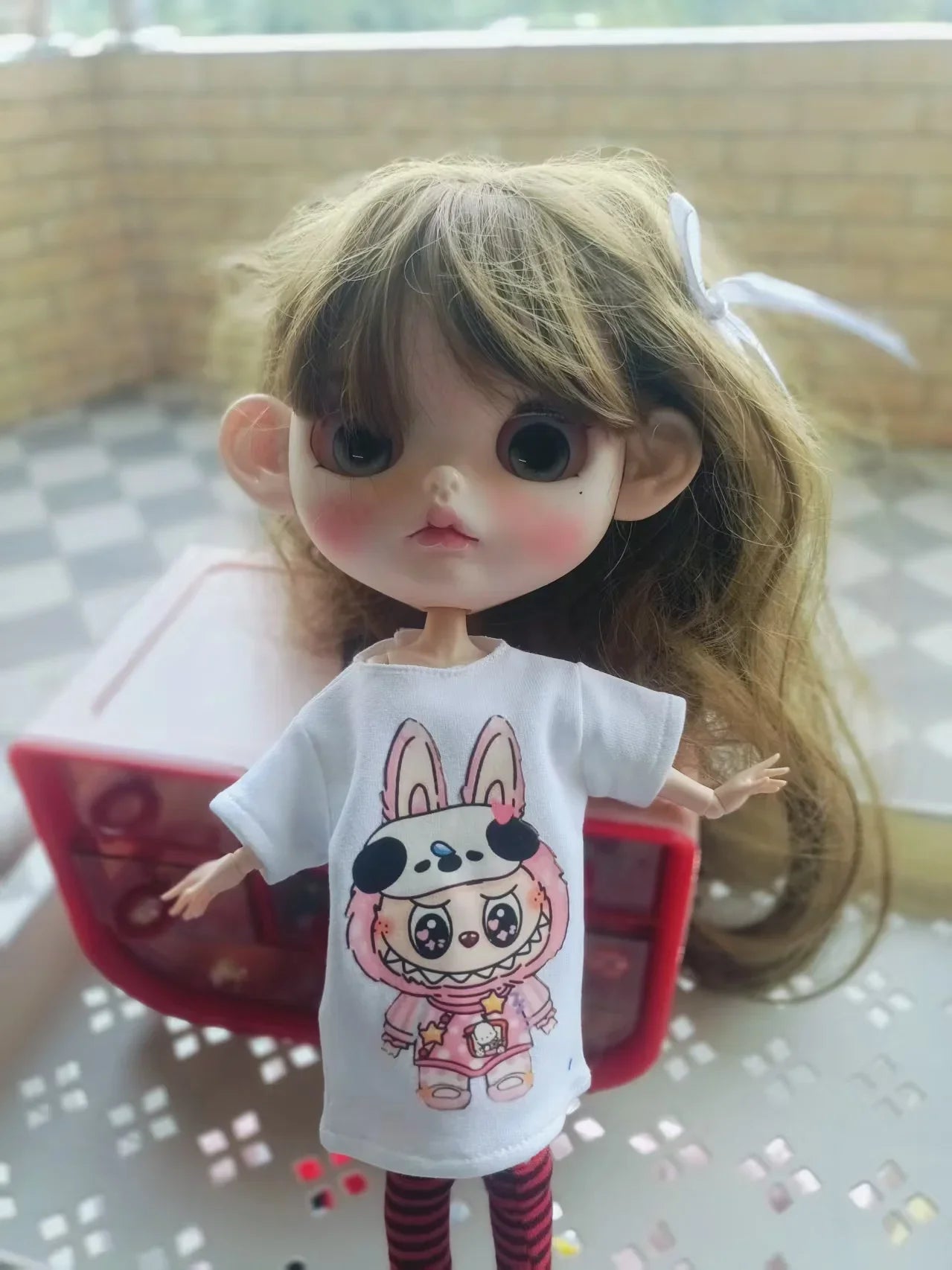 Handmade OB24 1/6 Blyth Doll Clothes – Cartoon T-Shirt with Striped Socks for 1/6 Doll Accessories
