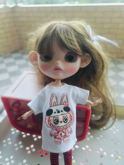 Handmade OB24 1/6 Blyth Doll Clothes – Cartoon T-Shirt with Striped Socks for 1/6 Doll Accessories