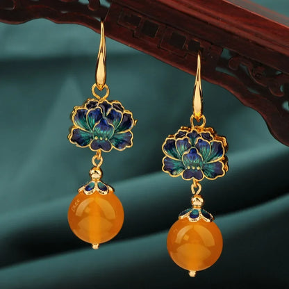 Vintage Flower Drop Earrings - Natural Stone Ethnic Jewelry for Women