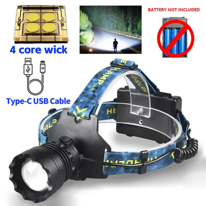Super Bright 4-LED Zoom Headlamp – Long Range Powerful Spotlight Headlight Flashlight for Outdoor Fishing, Camping & Night Use