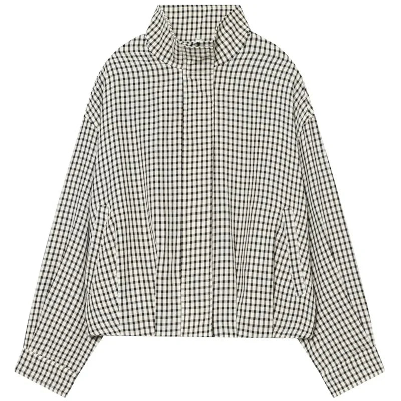 HXAO Plaid Bomber Jacket for Women - Oversized Cropped Long Sleeve Zipper Jacket for Spring & Autumn Casual Wear