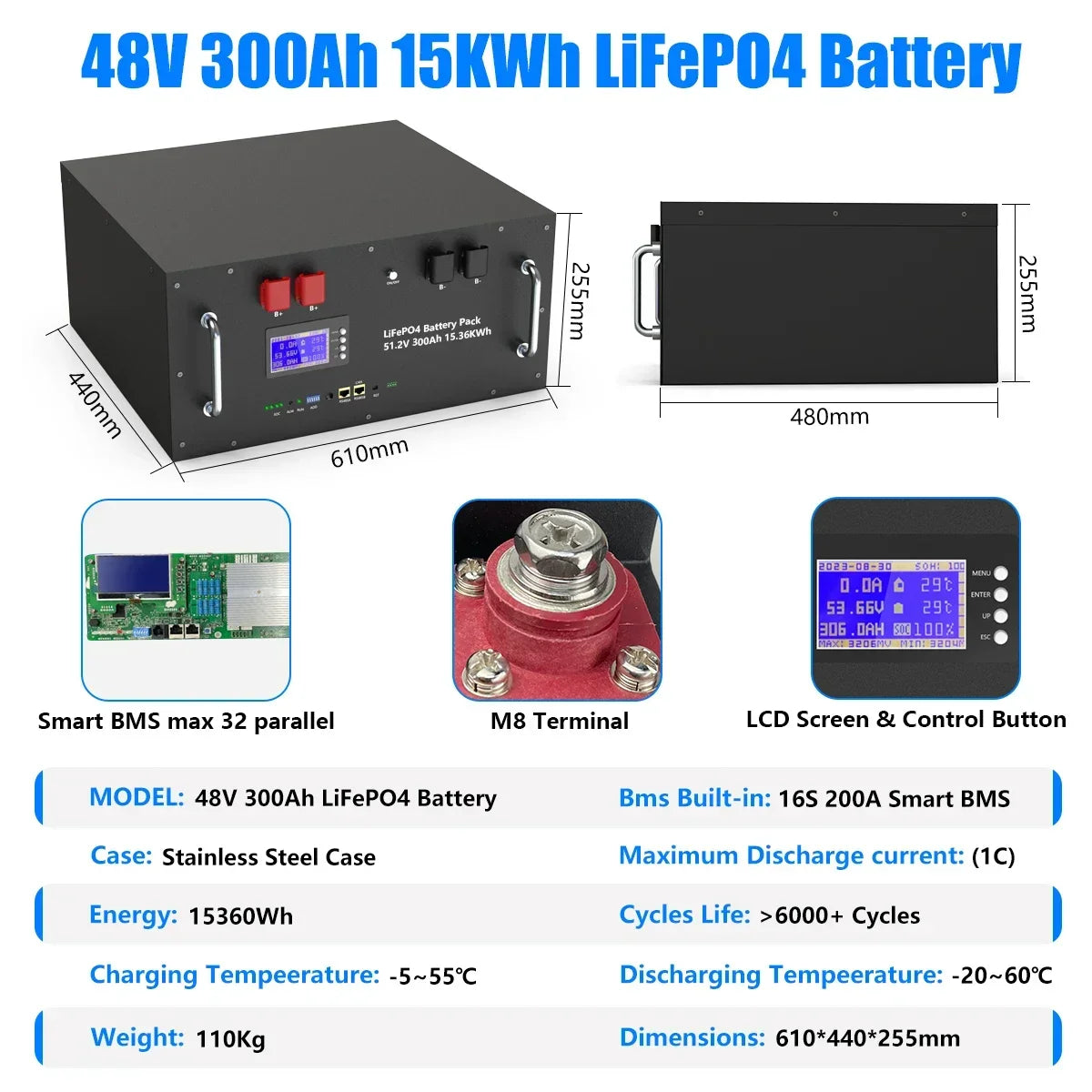 LiFePO4 48V 100Ah/200Ah Lithium Solar Battery Pack – 51.2V 10kW, 6000 Cycles, 16S 200A BMS, Max 32 Parallel for Inverter