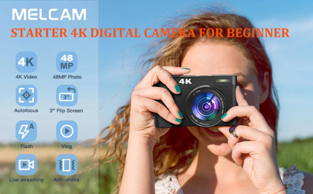 4K Digital Camera – 48MP Photography & Video, Autofocus, Anti-Shake, 3'' 180° Flip Screen with Flash, Compact Vlogging Camera