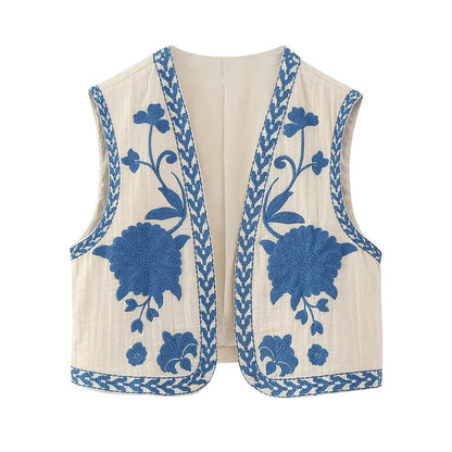 KEYANKETIAN Women's Vintage Floral Embroidered Open Waistcoat – National Style Vest Jacket, Casual Vacation Crop Top