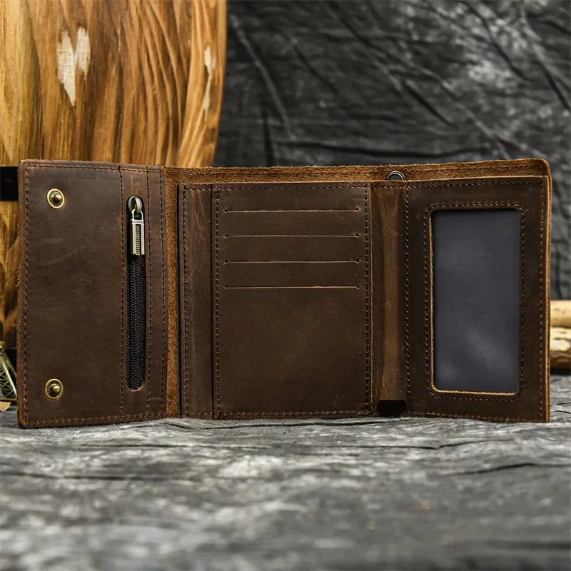 Men's Genuine Leather Short Wallet with Chain – Zipper Clutch, Trifold Purse, Card Holder & Coin Purse for Men