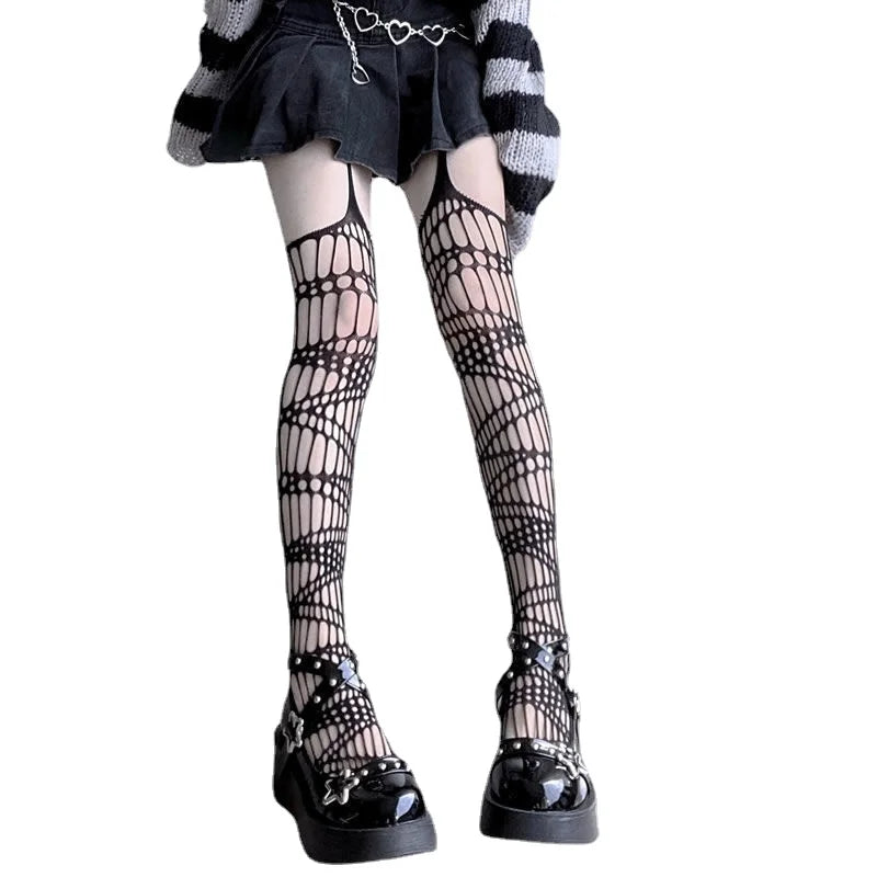 Women’s Gothic Bat Fishnet Stockings - Harajuku Emo Mesh Thigh High Tights with Sexy Alternative Lingerie Style