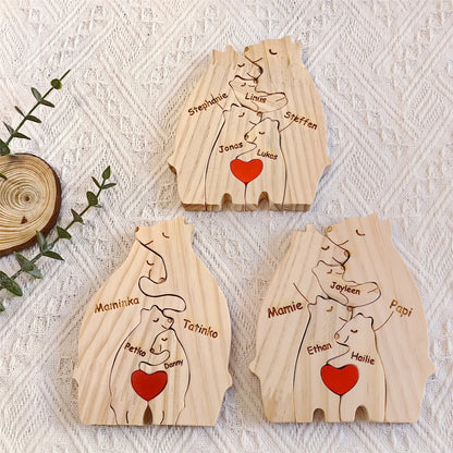 Personalized Wooden Bear Family Puzzle – Custom Name Home Decor, Thanksgiving & Christmas Gift for Mom & Baby