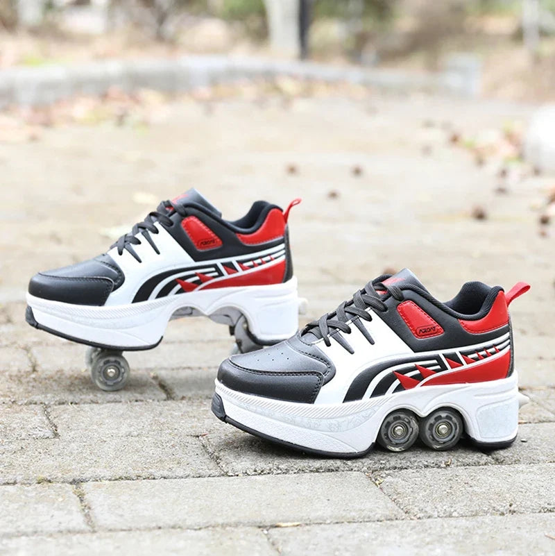 Dual Purpose Roller Skates Shoes - Adjustable Double Row 4-Wheel Deformation Roller Sneakers for Kids & Teens Size 33-44