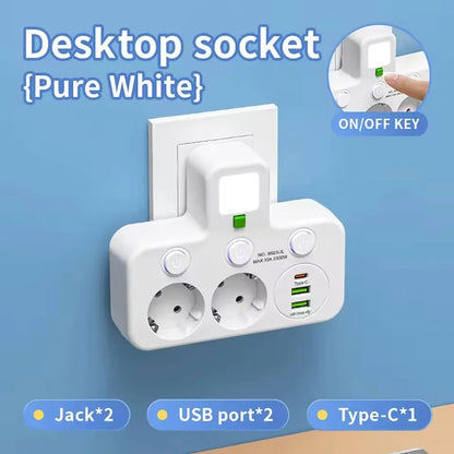 EU Plug Power Strip – 4 AC Outlets, 2 USB & 1 Type-C Ports with Independent Switch and Night Light