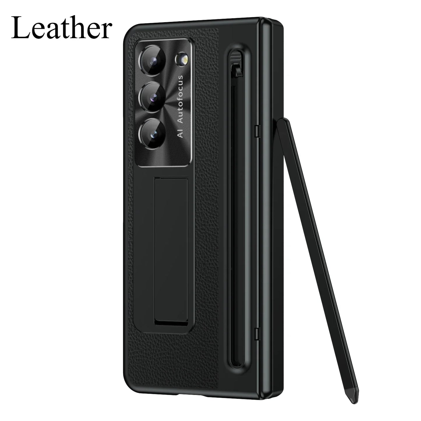 Slim Leather Case with Touch Pen for Samsung Galaxy Z Fold 6/5/W25/4/3 – Plated Hinge & Full Screen Protector Cover