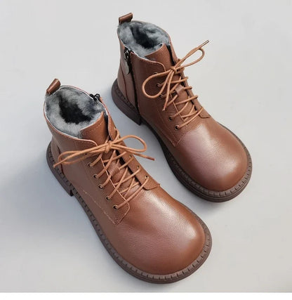 Careaymade 100% Genuine Leather Wide Casual Women’s Short Boots – Big Size, Handmade Men’s Wool Boots