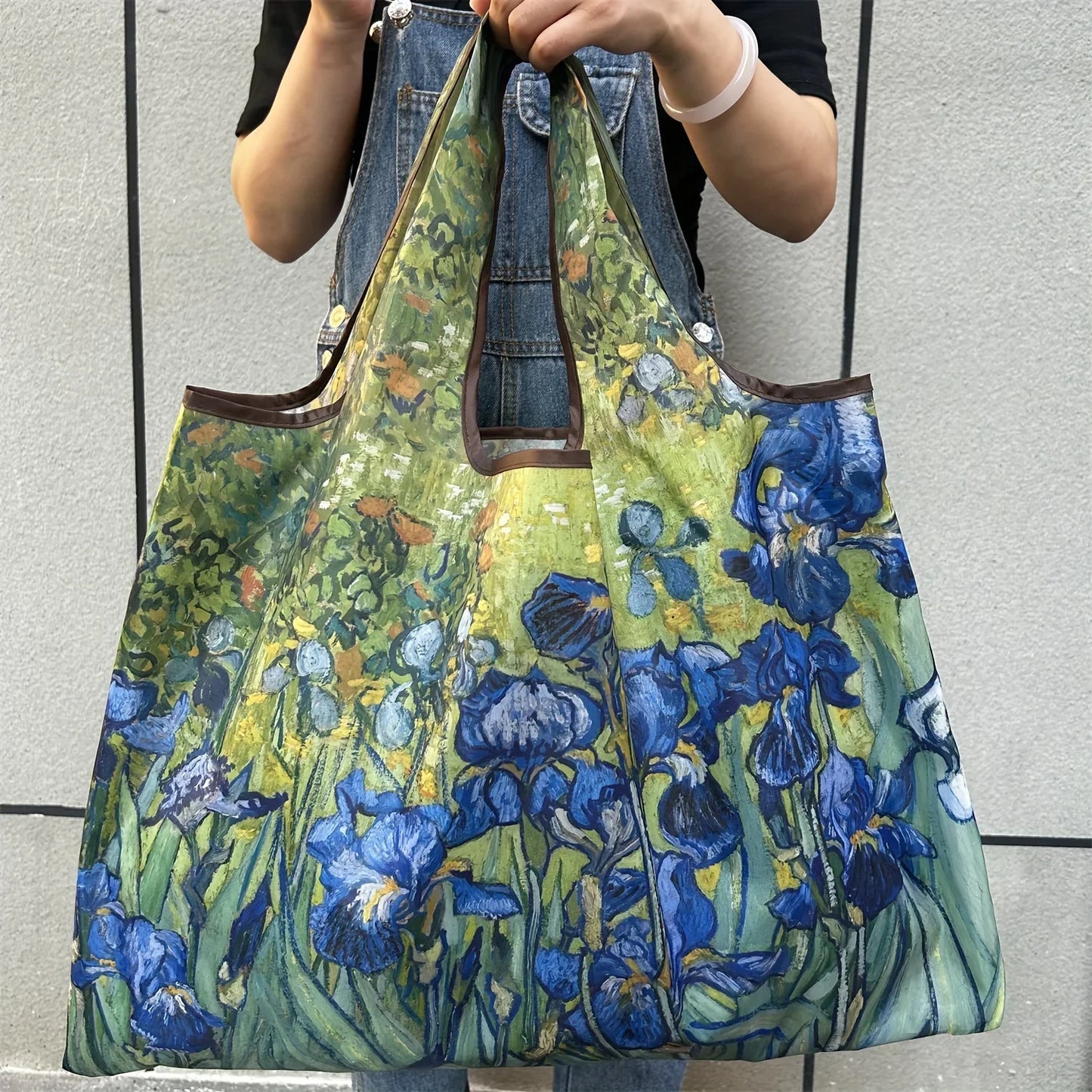 Chic Iris Flower Large Foldable Tote Bag – Lightweight Nylon Reusable Shopping Bag with Shoulder Strap, Machine Washable Travel Grocery Handbag