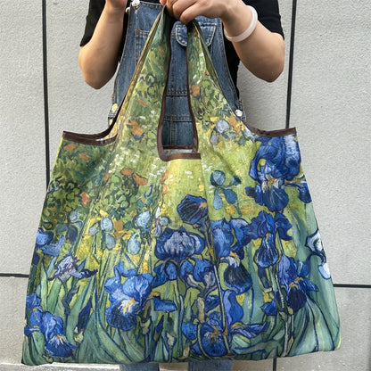 Chic Iris Flower Large Foldable Tote Bag – Lightweight Nylon Reusable Shopping Bag with Shoulder Strap, Machine Washable Travel Grocery Handbag