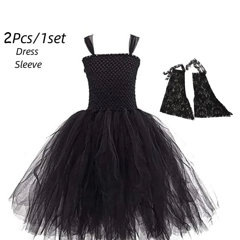 Girls’ Evil Queen Tutu Dress - Handmade Black Mesh Princess Halloween Cosplay Costume