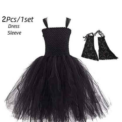 Girls’ Evil Queen Tutu Dress - Handmade Black Mesh Princess Halloween Cosplay Costume