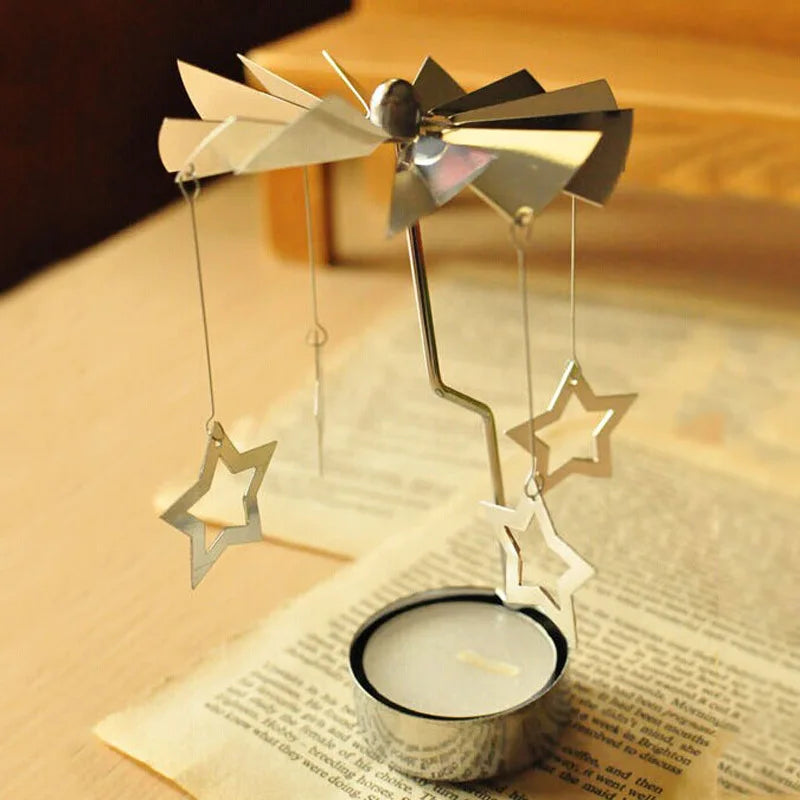 Silver Christmas Rotating Tea Light Candle Holder Carousel – Spinning Holiday Centerpiece Decor